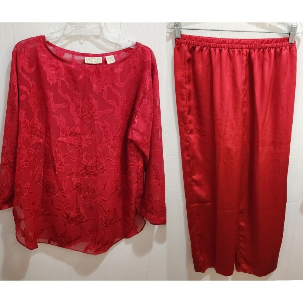 Vtg Victoria’s Secret Gold Label Red Pajama Set L/S Sheer Top/Satin Pants‎ Sz S